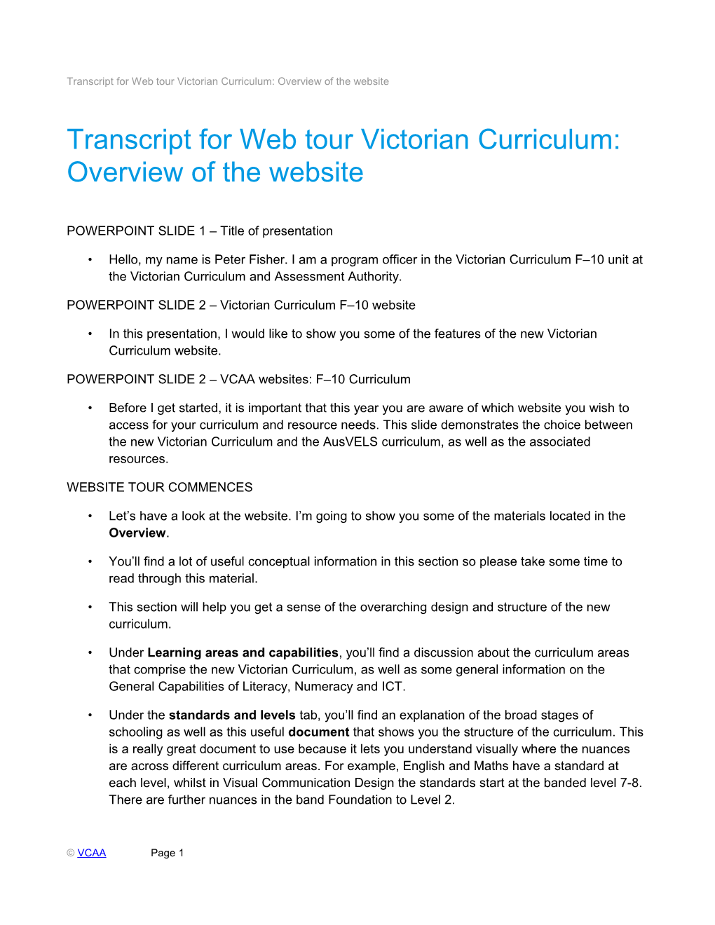 Transcript for Web Tour Victorian Curriculum: Overview of the Website