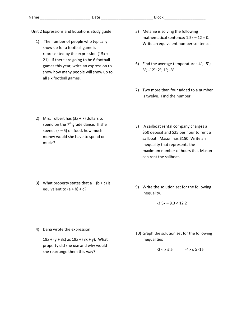Unit 2 Expressions and Equations Study Guide
