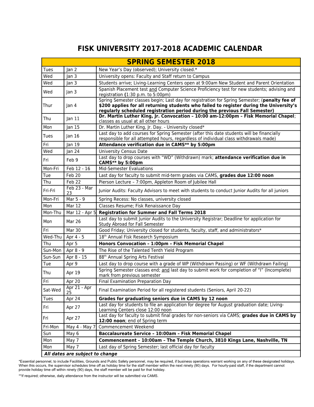 Fisk University 2017-2018 Academic Calendar