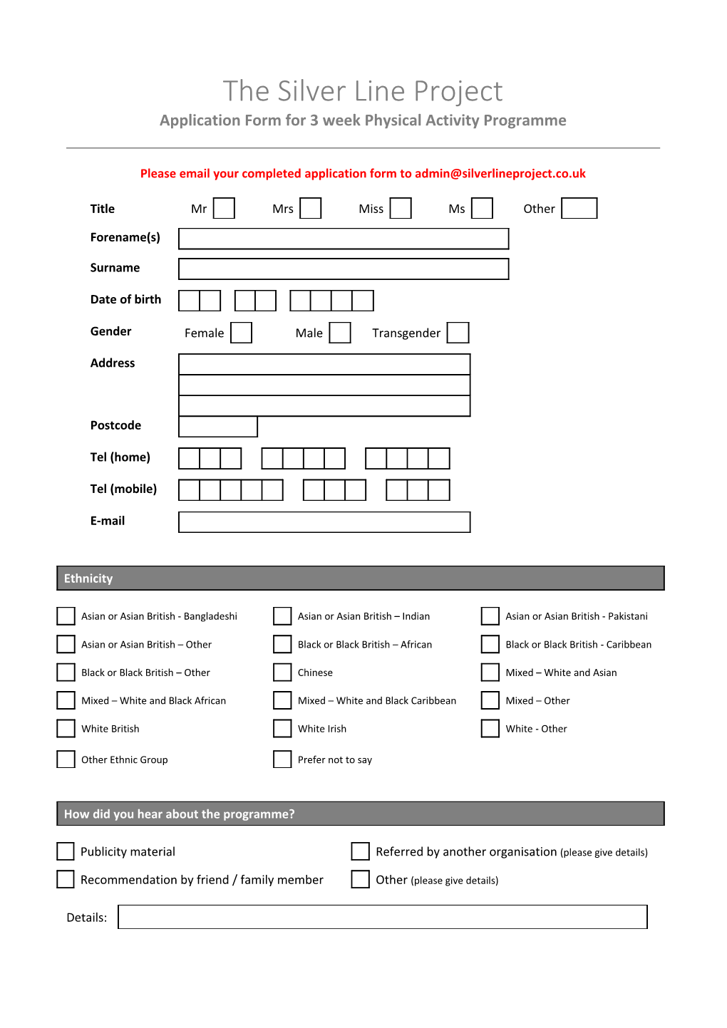 Application Form for 3 Week Physical Activity Programme