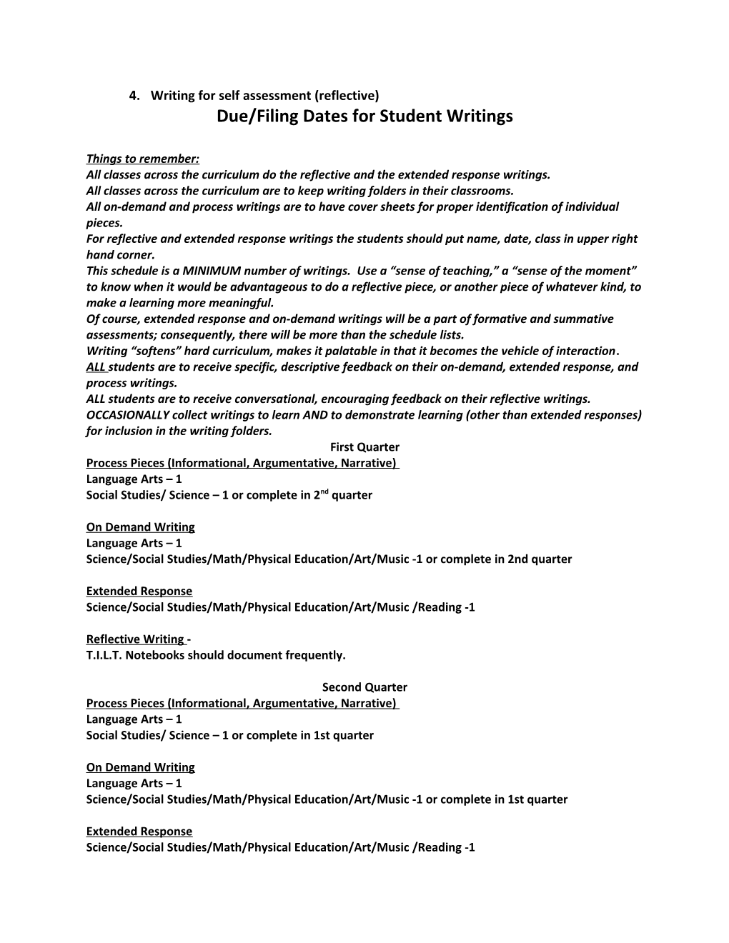 LCMS Across the Curriculum Writing Schedule