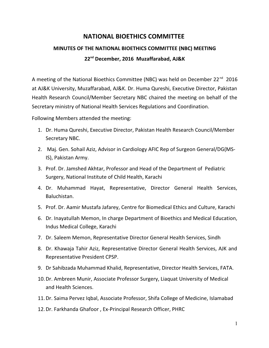 Minutes of the National Bioethics Committee (Nbc) Meeting