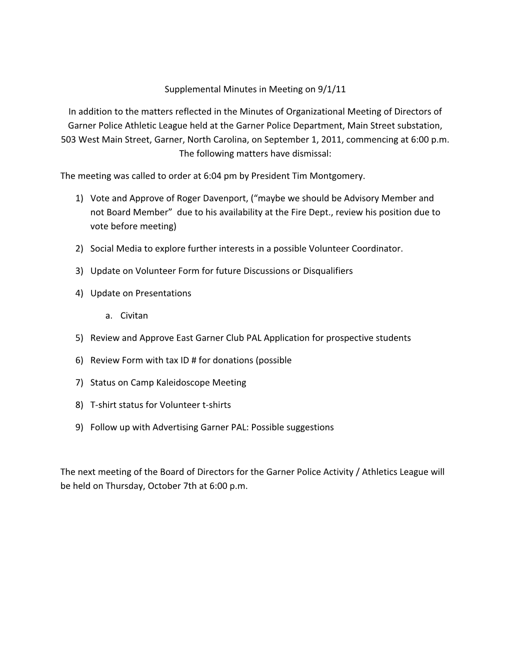 Supplemental Minutes in Meeting on 9/1/11