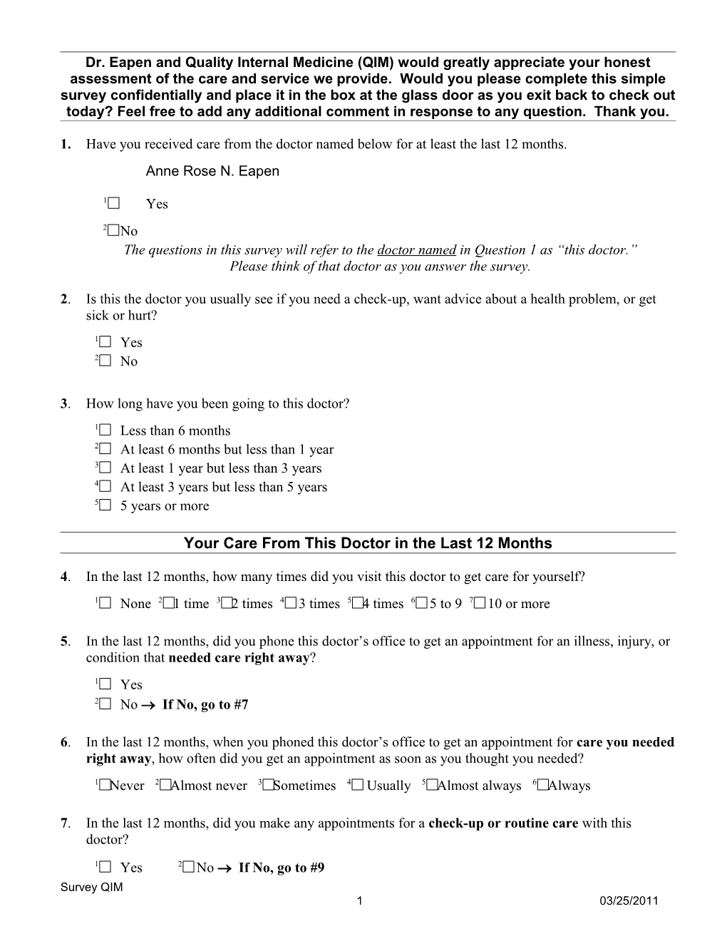 CAHPS Clinician & Group Survey: Adult Primary Care Questionnaire 1.0