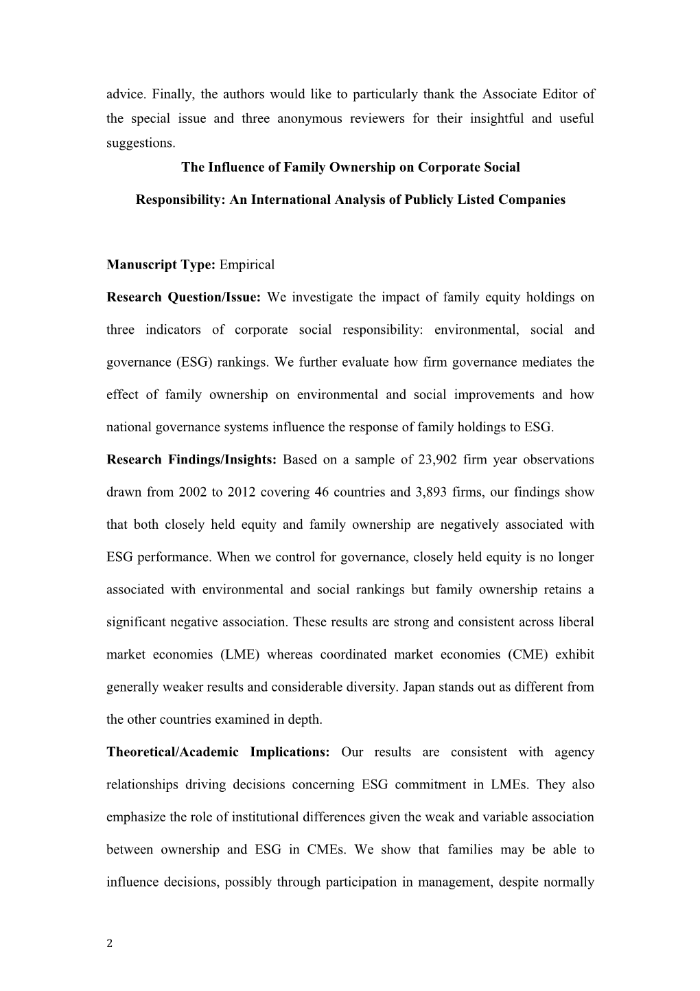 Problem Families: the Influence of Strategic Family Holdings on Environmental, Social And