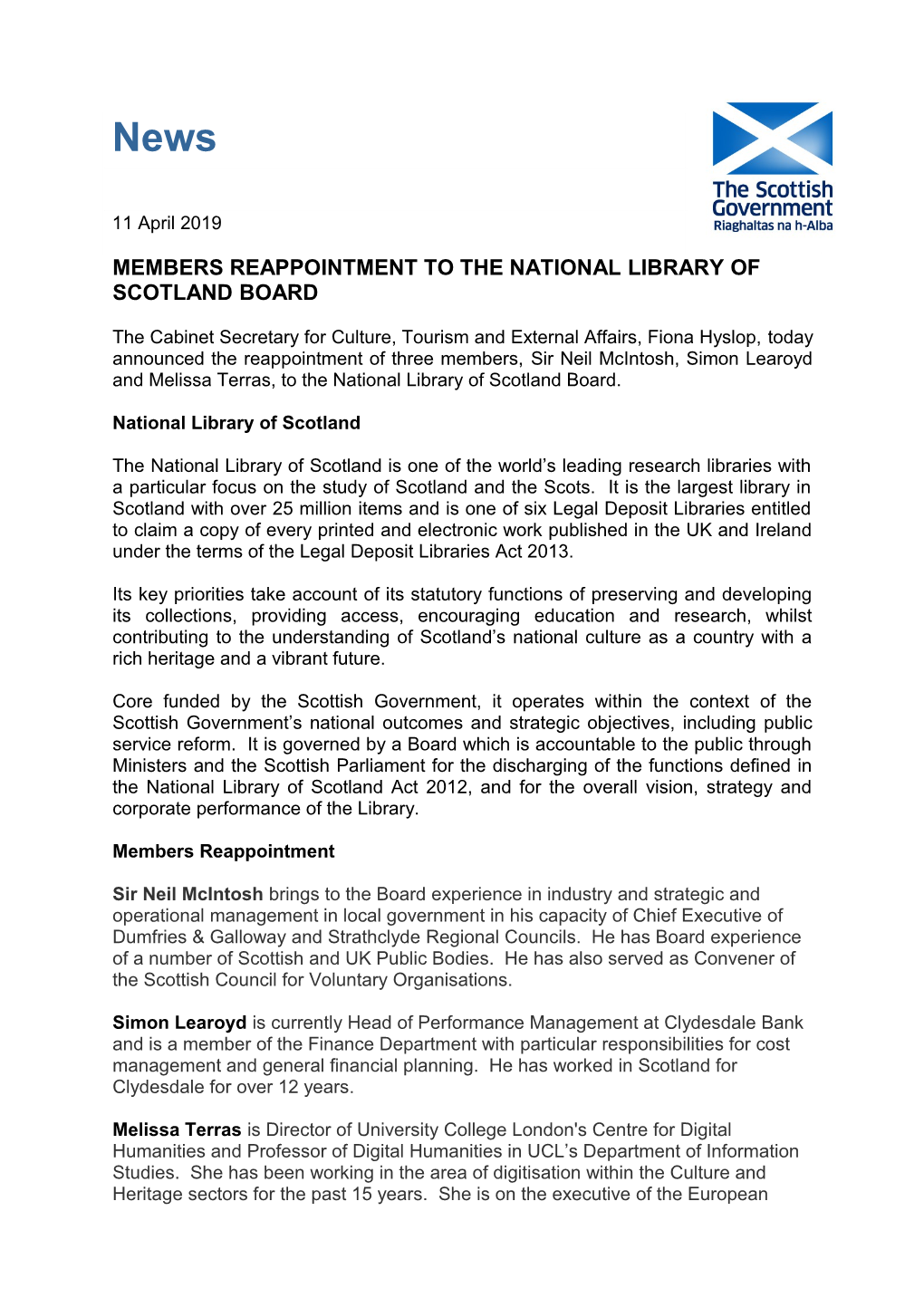 Members Reappointment to the National Library of Scotland Board