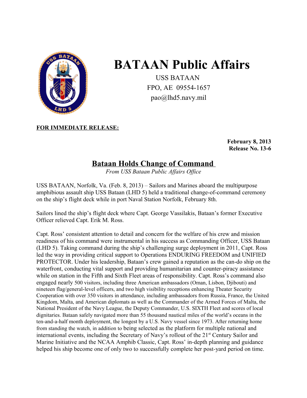 Bataan Holds Change of Command