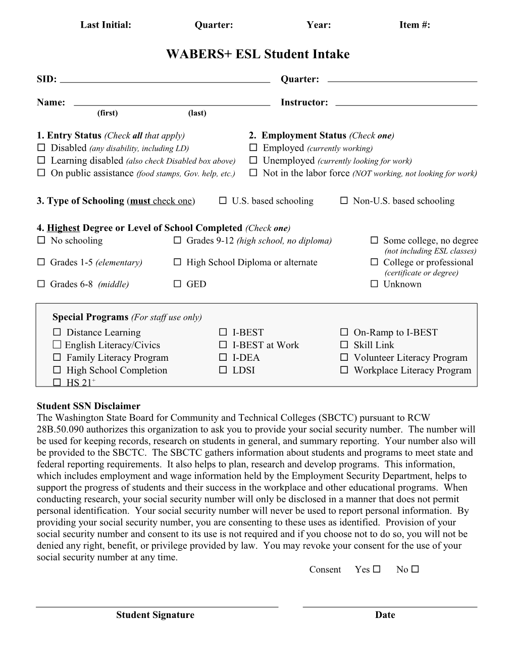 WABERS Student Information Intake Form