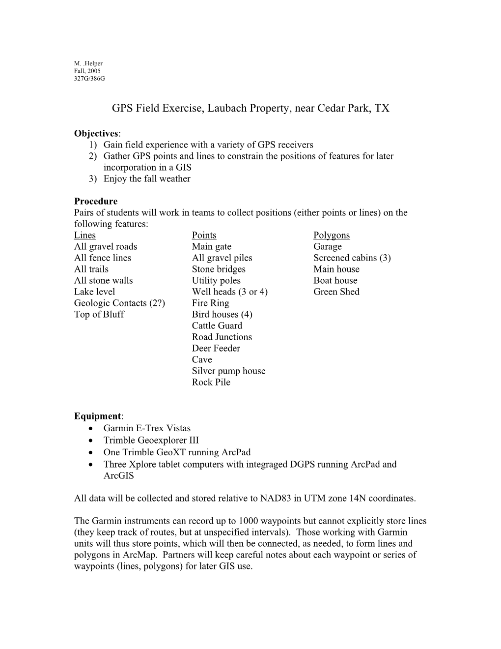 GPS Field Exercise, Laubach Property, Near Cedar Park, TX