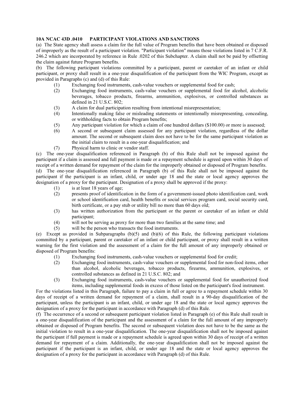 10A NCAC 43D .0410Participant Violations and Sanctions