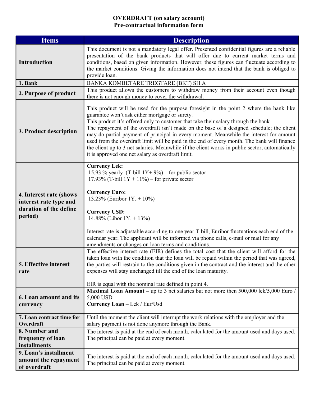 Pre-Contractual Information Form