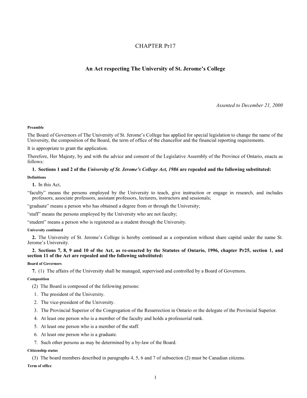 St. Jerome S University Act, 2000, S.O. 2000, C. Pr17 - Bill Pr34