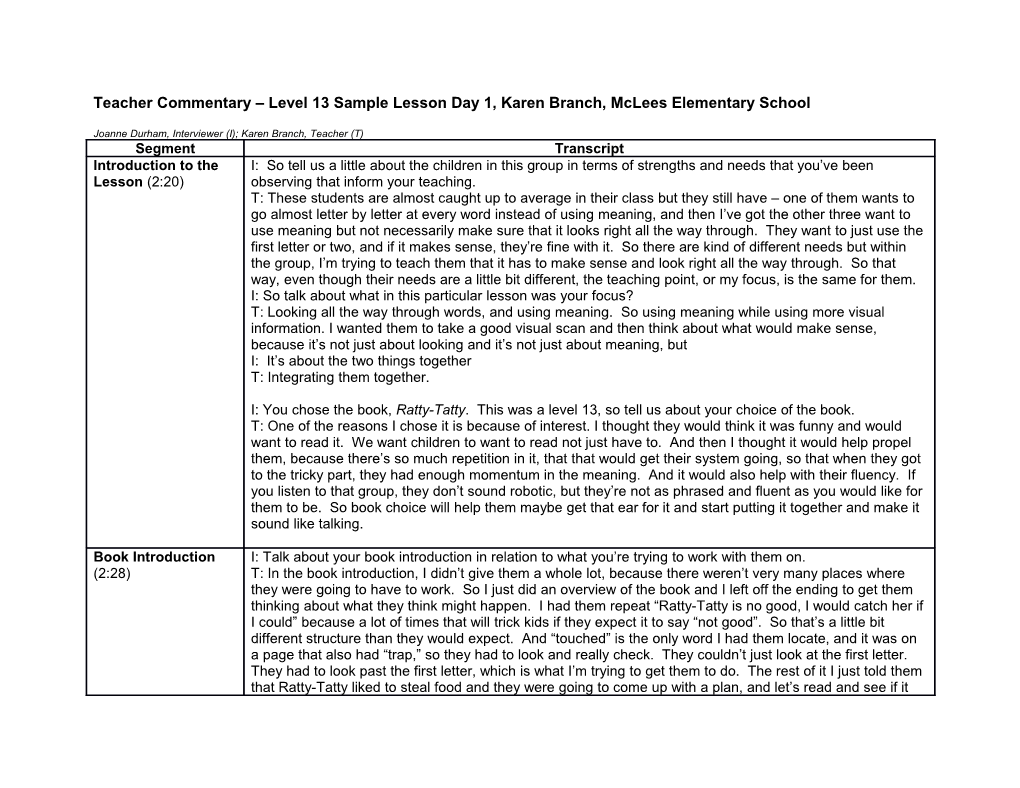 Teacher Commentary Level 13 Sample Lesson Day 1, Karen Branch, Mclees Elementary School