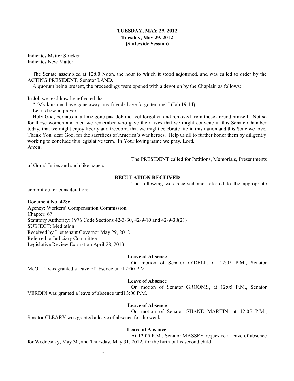 Senate Journal for May 29, 2012 - South Carolina Legislature Online