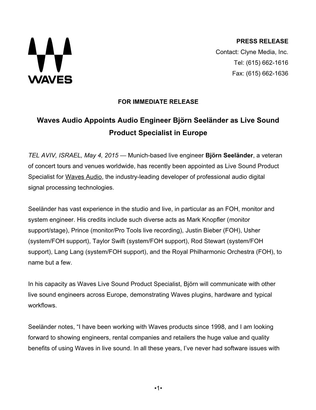 Waves Audio Appoints Audio Engineerbjörn Seeländer As Live Sound Product Specialist in Europe