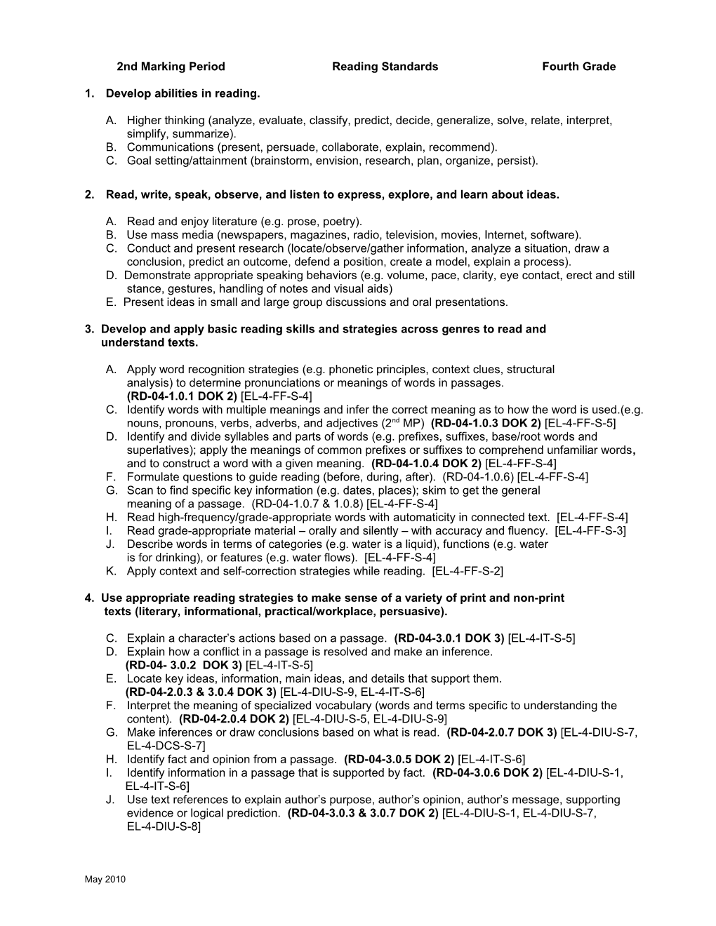 Second Marking Period Reading Standards Fourth Grade