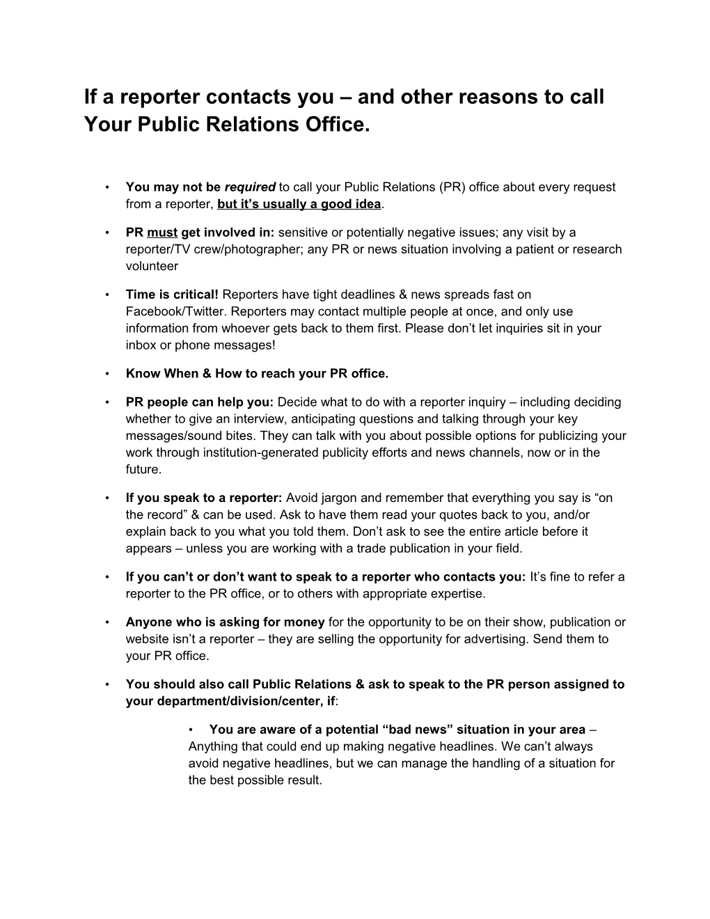 If a Reporter Contacts You and Other Reasons to Call Your Public Relations Office
