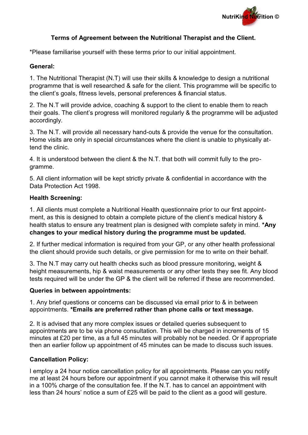 Terms of Agreement Between the Nutritional Therapist and the Client