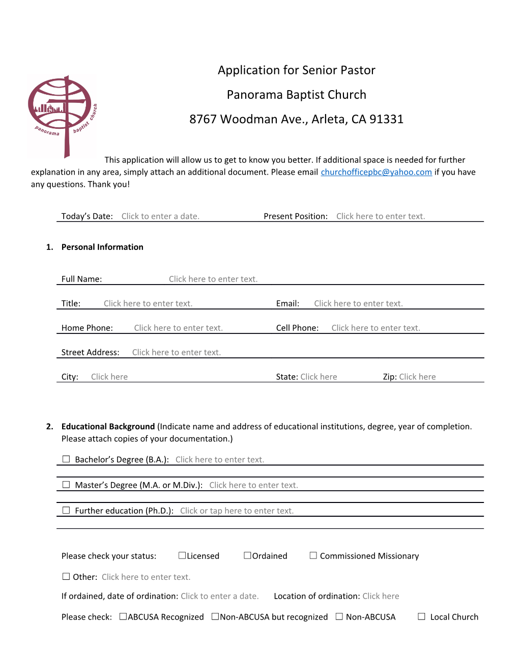 Application for Senior Pastor