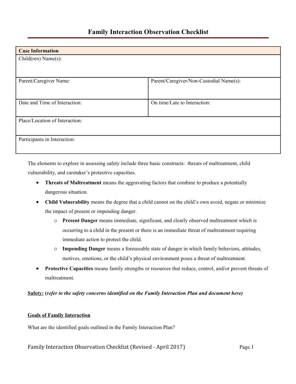 Family Interaction Observation Checklist