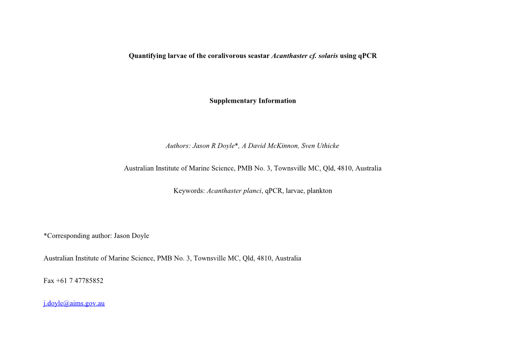 Quantifying Larvae of the Coralivorous Seastar Acanthaster Cf. Solaris Using Qpcr