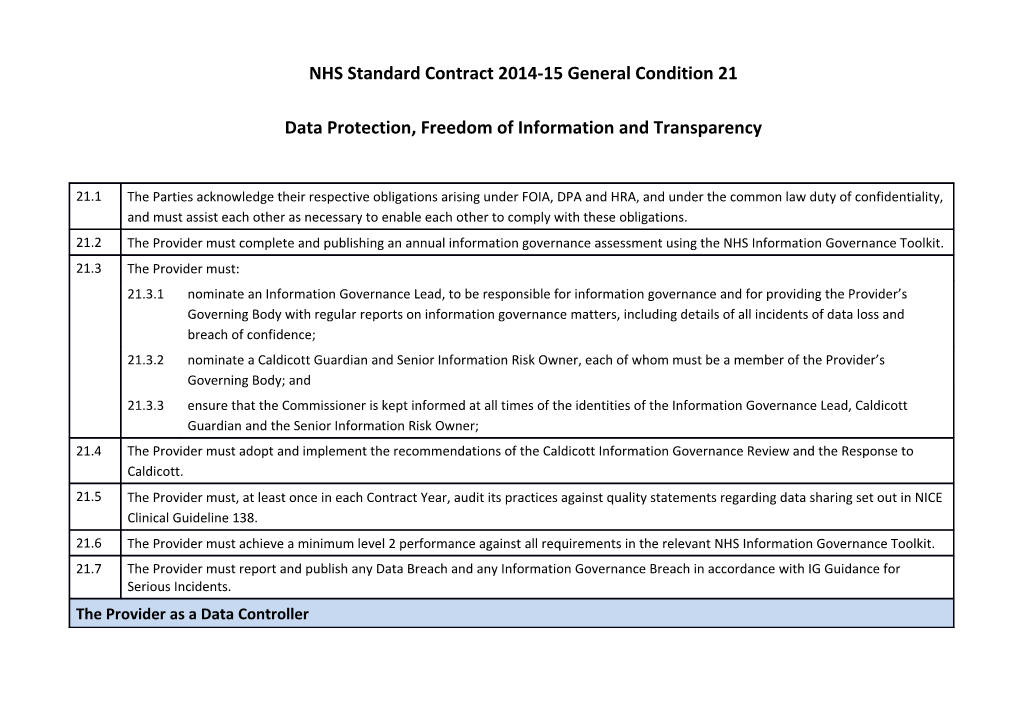 NHS Standard Contract 2014-15 General Condition 21
