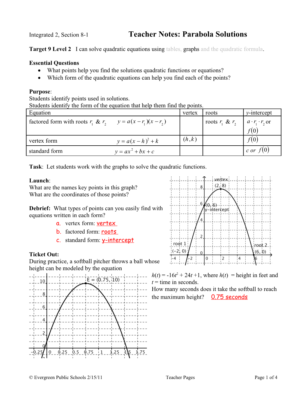 Integrated 2, Section 8-1 Teacher Notes: Parabola Solutions