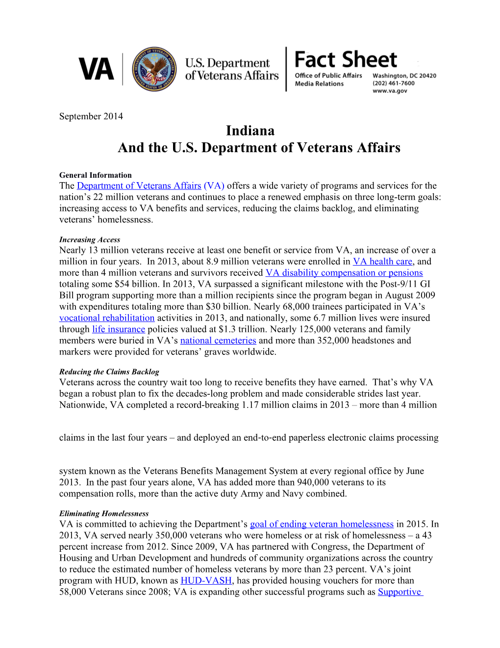 Indianaand the U.S. Department of Veterans Affairs