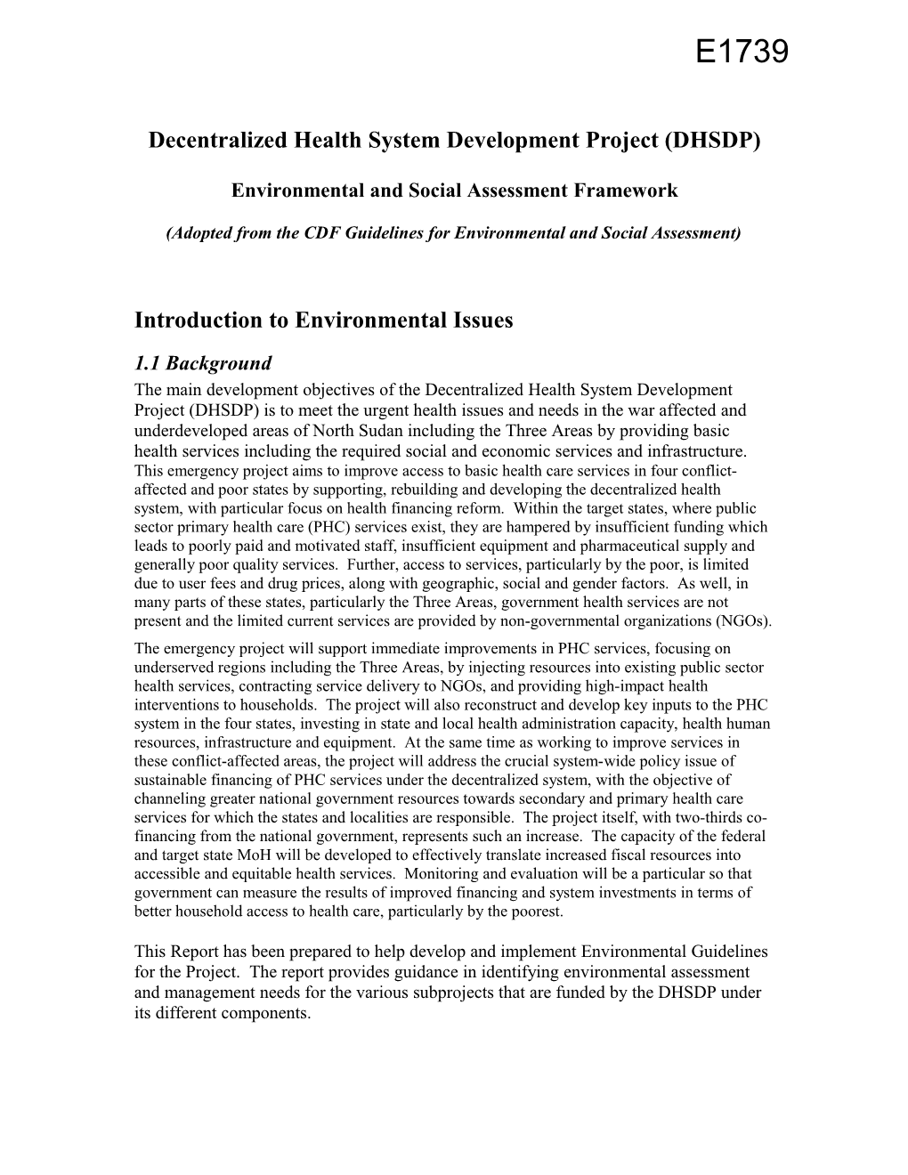 Environmental and Social Assessment Framework for the Decentralized Health System Development