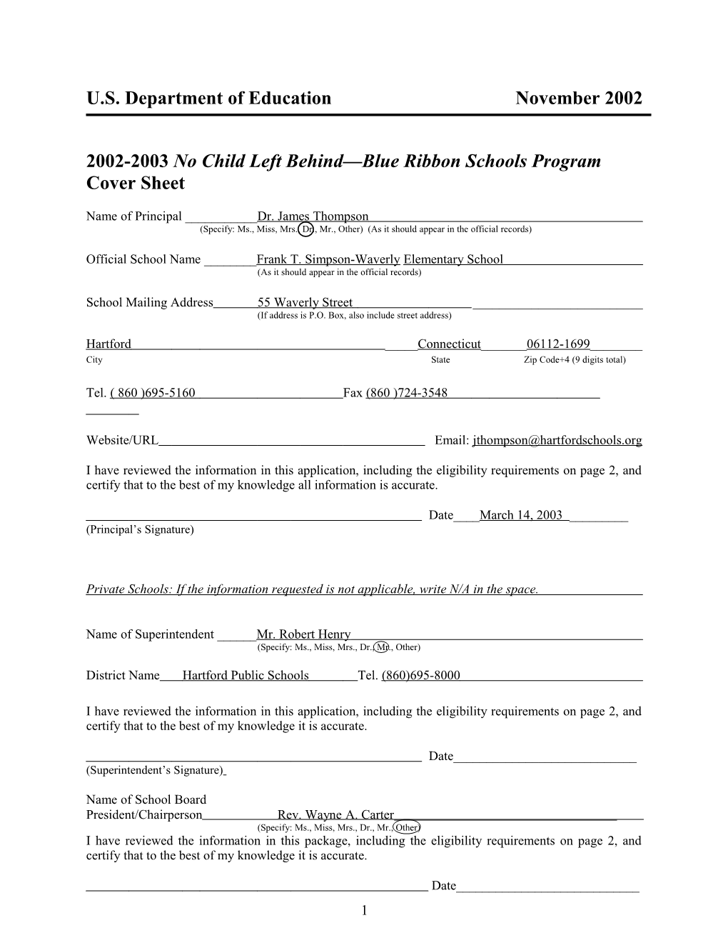 Frank T. Simpson-Waverly Elementary School 2003 No Child Left Behind-Blue Ribbon School (Msword)