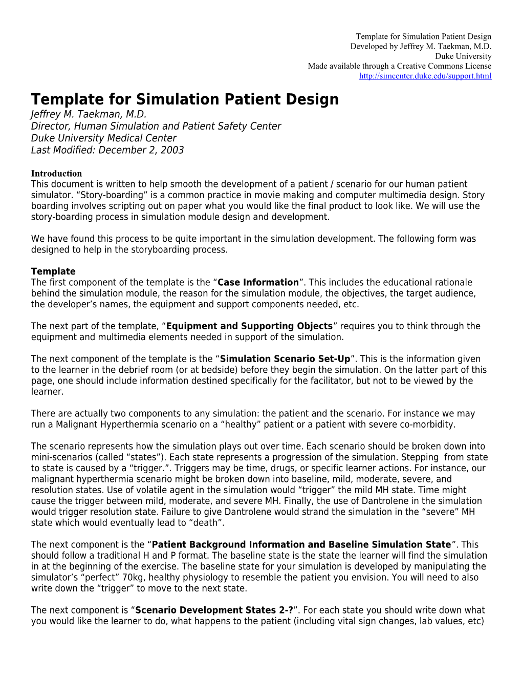 Template for Simulation Patient Design