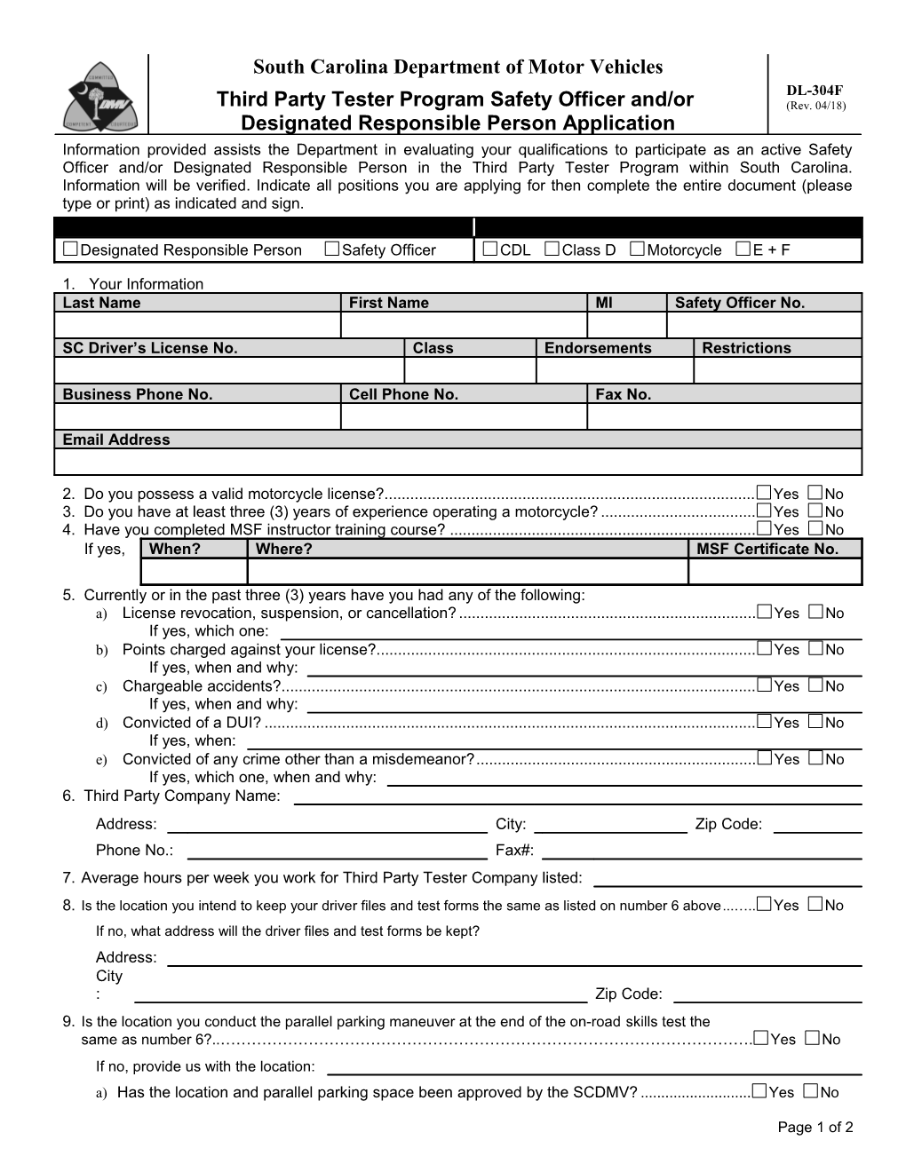 Completed Application (Form DL-304F), And