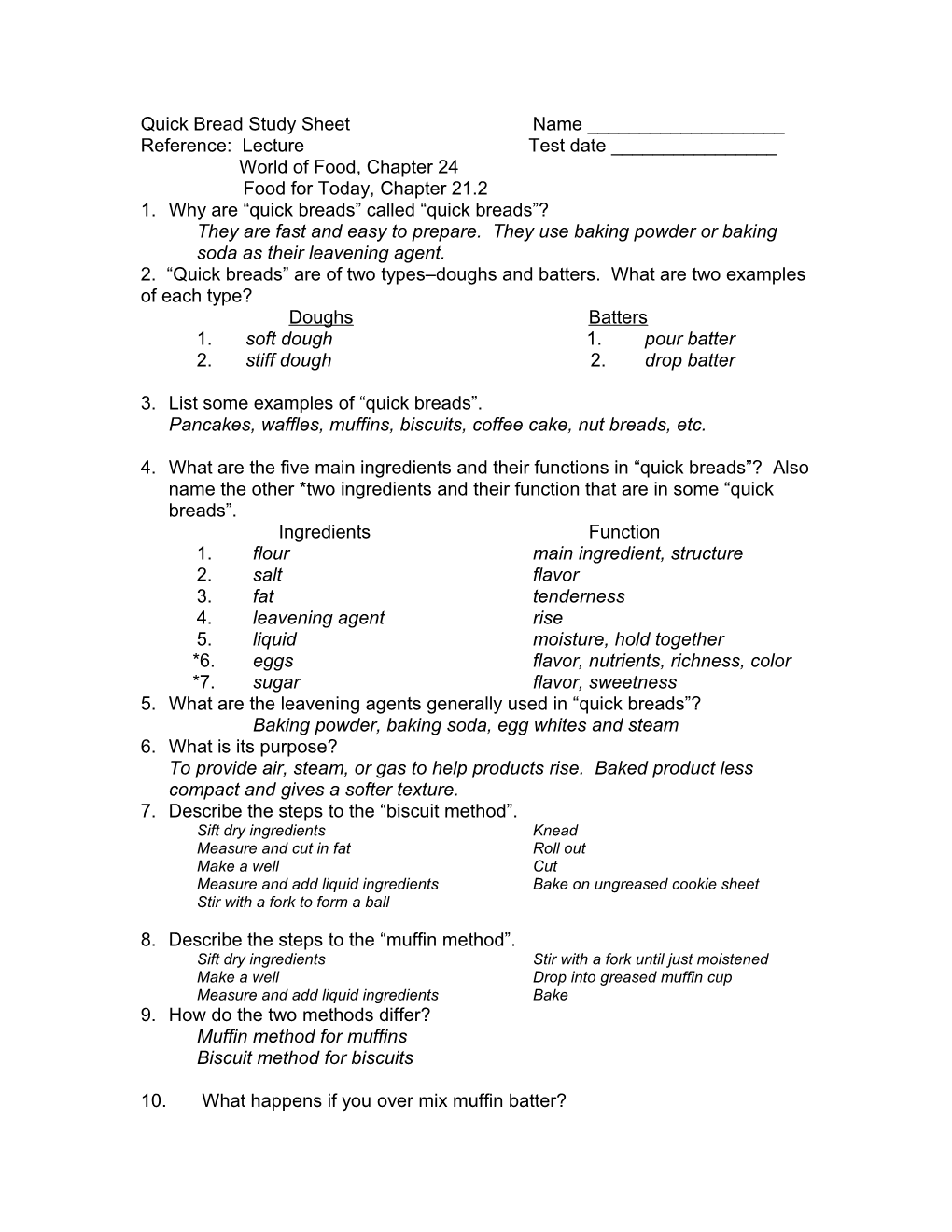 Quick Bread Study Sheet Name ______