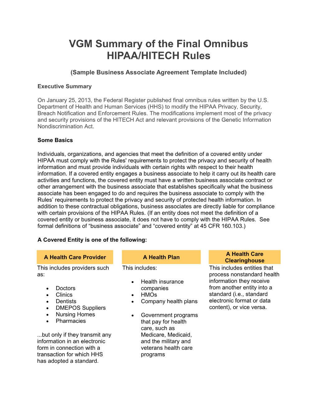 Vgmsummary of the Final Omnibus HIPAA/HITECH Rules