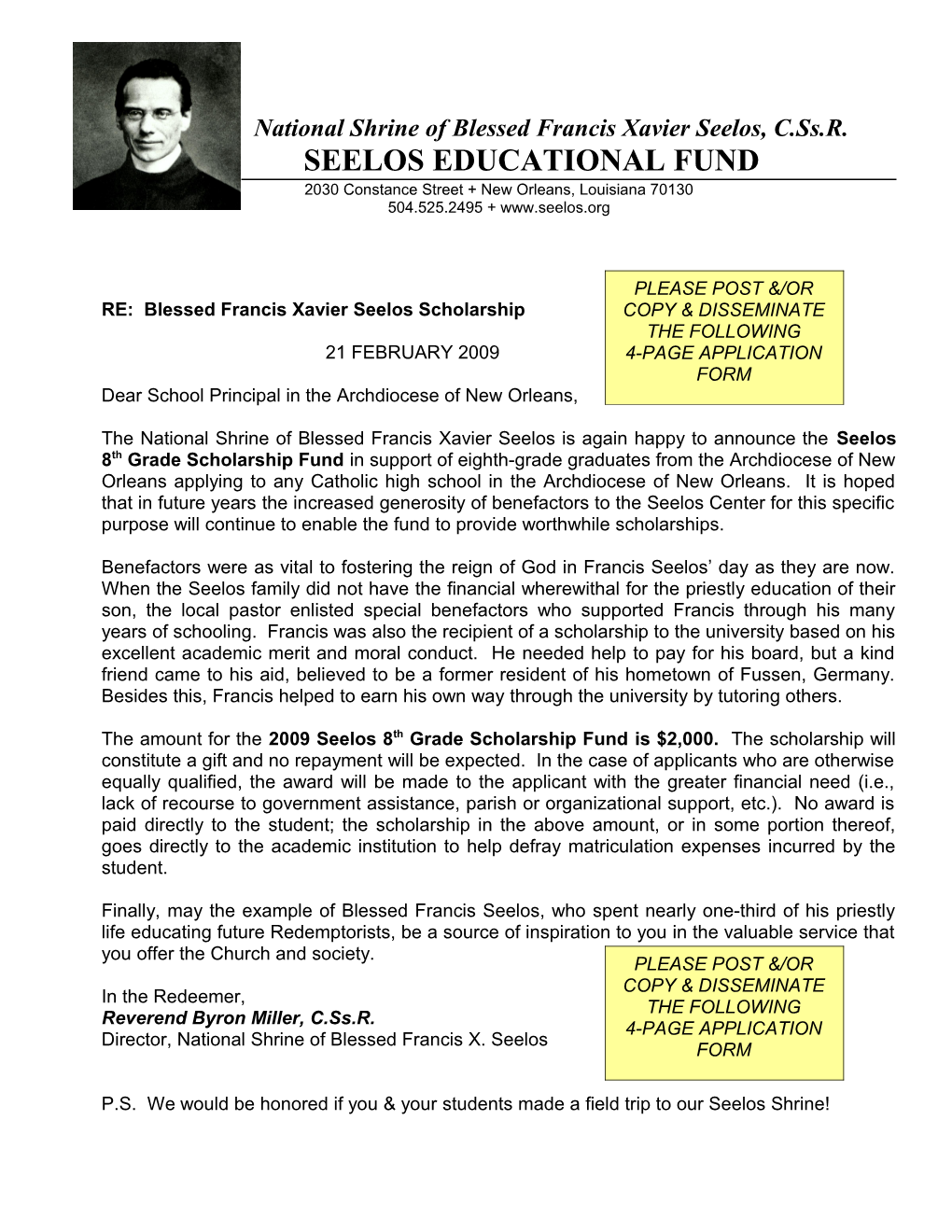 RE: Blessed Francis Xavier Seelos Scholarship