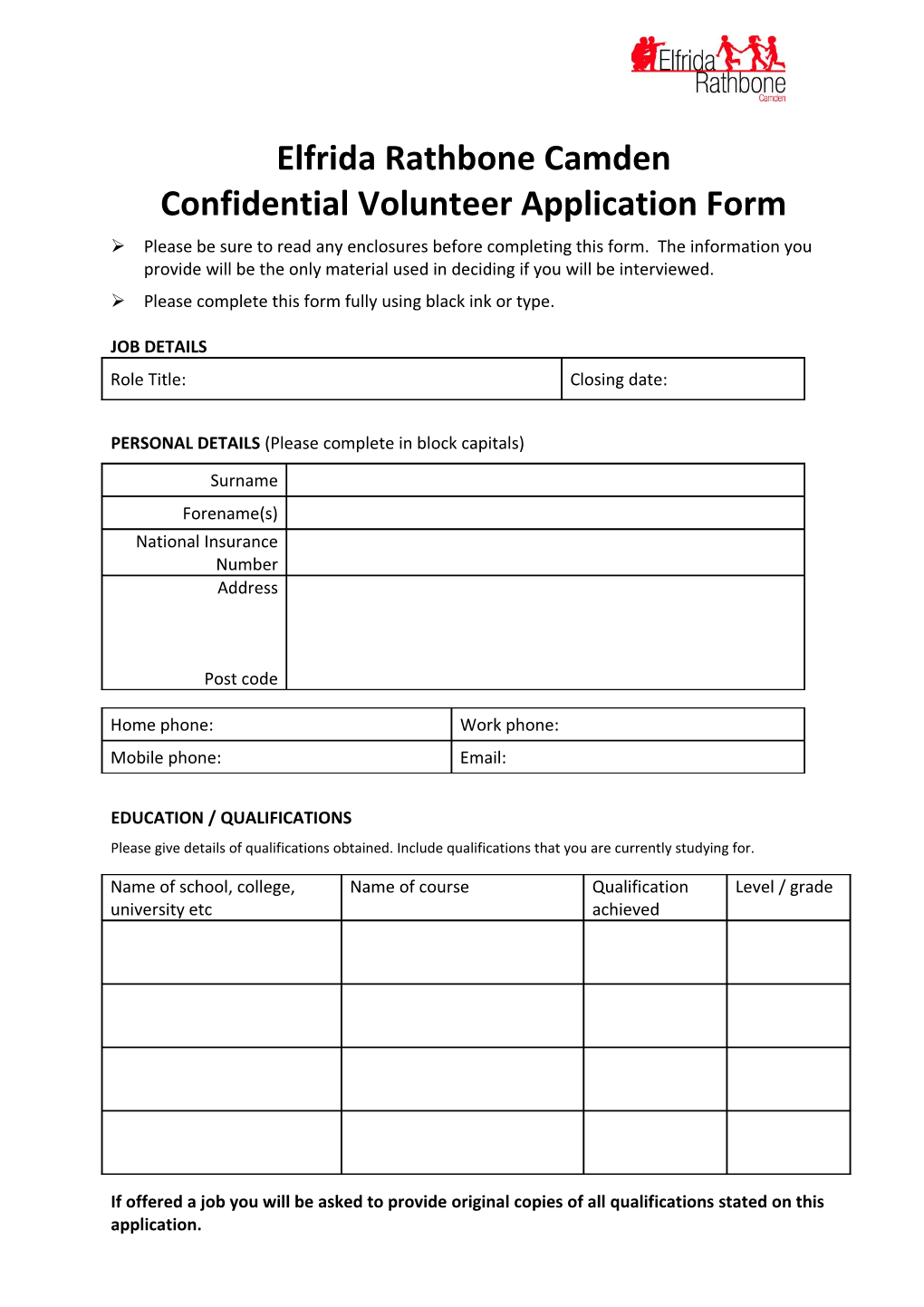 Confidential Volunteer Application Form