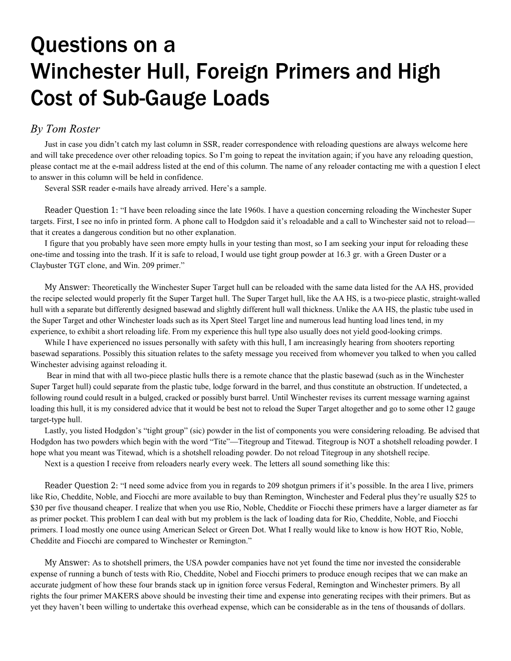 Winchester Hull, Foreign Primers and High Cost of Sub-Gauge Loads