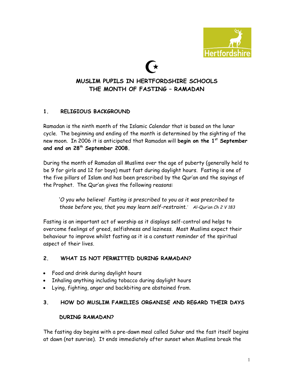 Ramadan Guideline - Muslim Pupils in Hertfordshire Schools the Month of Fasting Ramadan