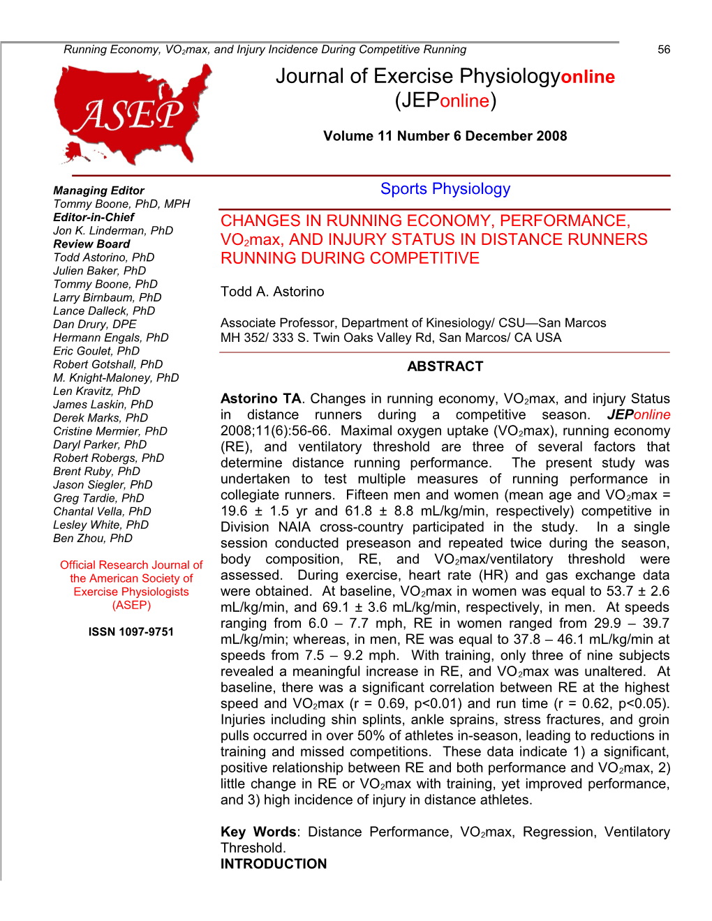 Running Economy, Vo2max, and Injury Incidence During Competitive Running