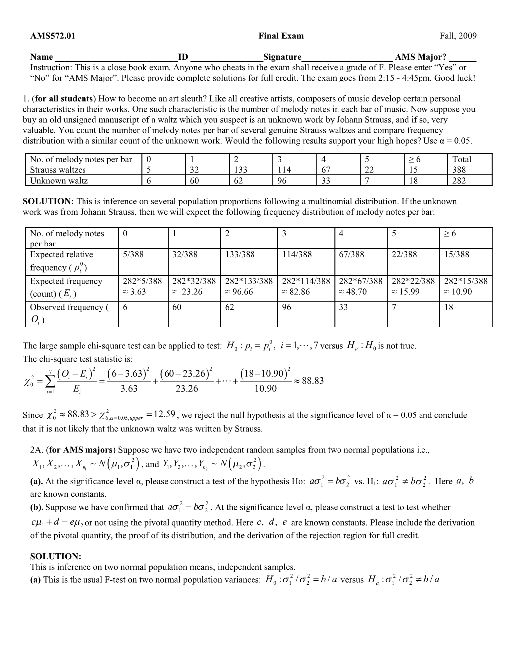 AMS572.01 Final Exam Fall, 2009