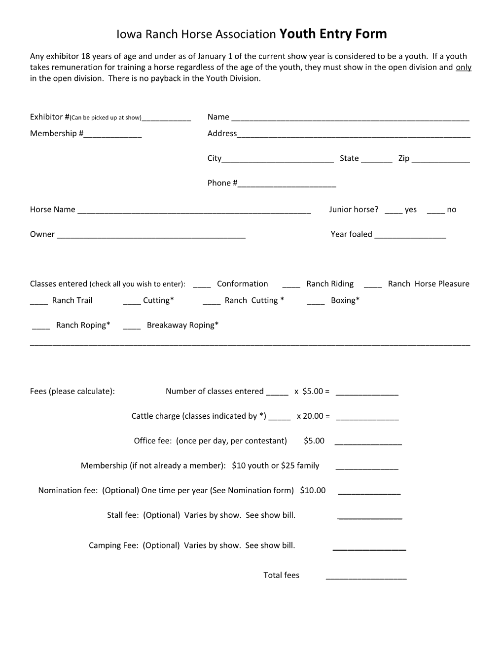 Iowa Ranch Horse Association Youth Entry Form