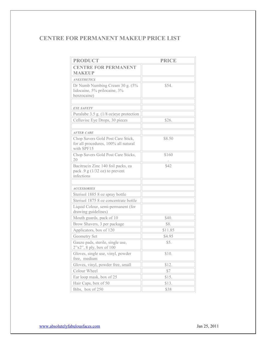 Centre for Permanent Makeup Price List