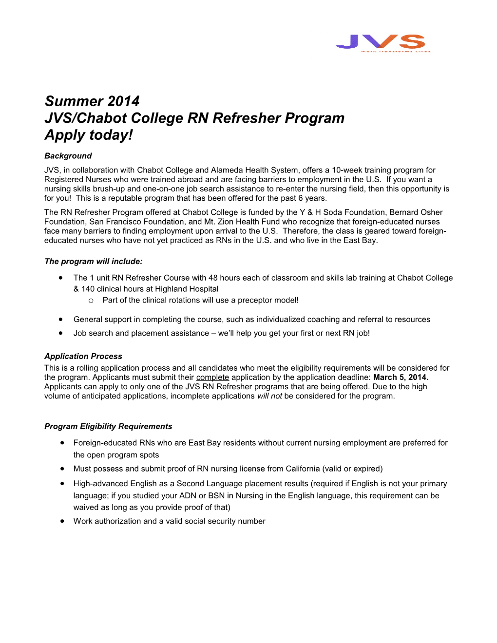 JVS/Chabot College RN Refresher Program