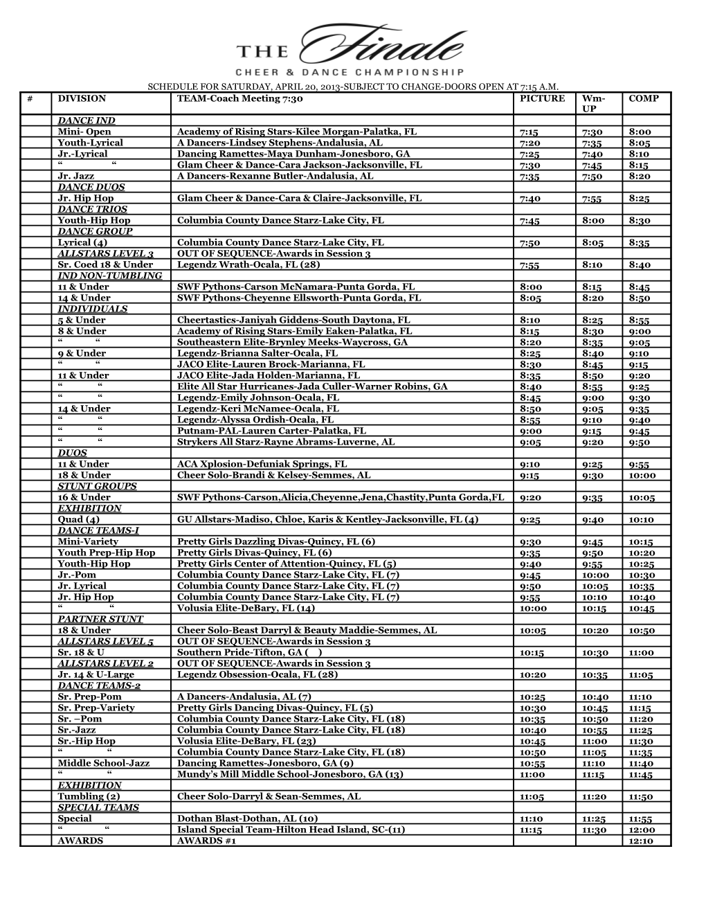 Schedule for Saturday, April 20, 2013-Subject to Change-Doors Open at 7:15 A.M