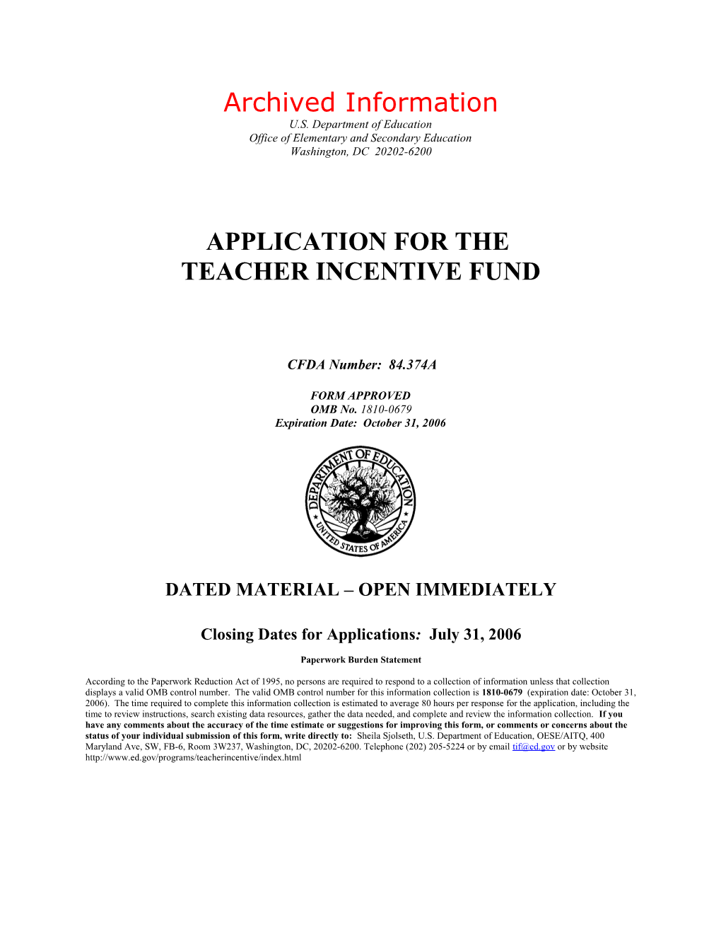 Archived: FY 2006 Application for the Teacher Incentive Fund Program (MS Word)