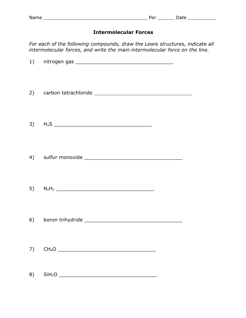 Intermolecular Forces Worksheet