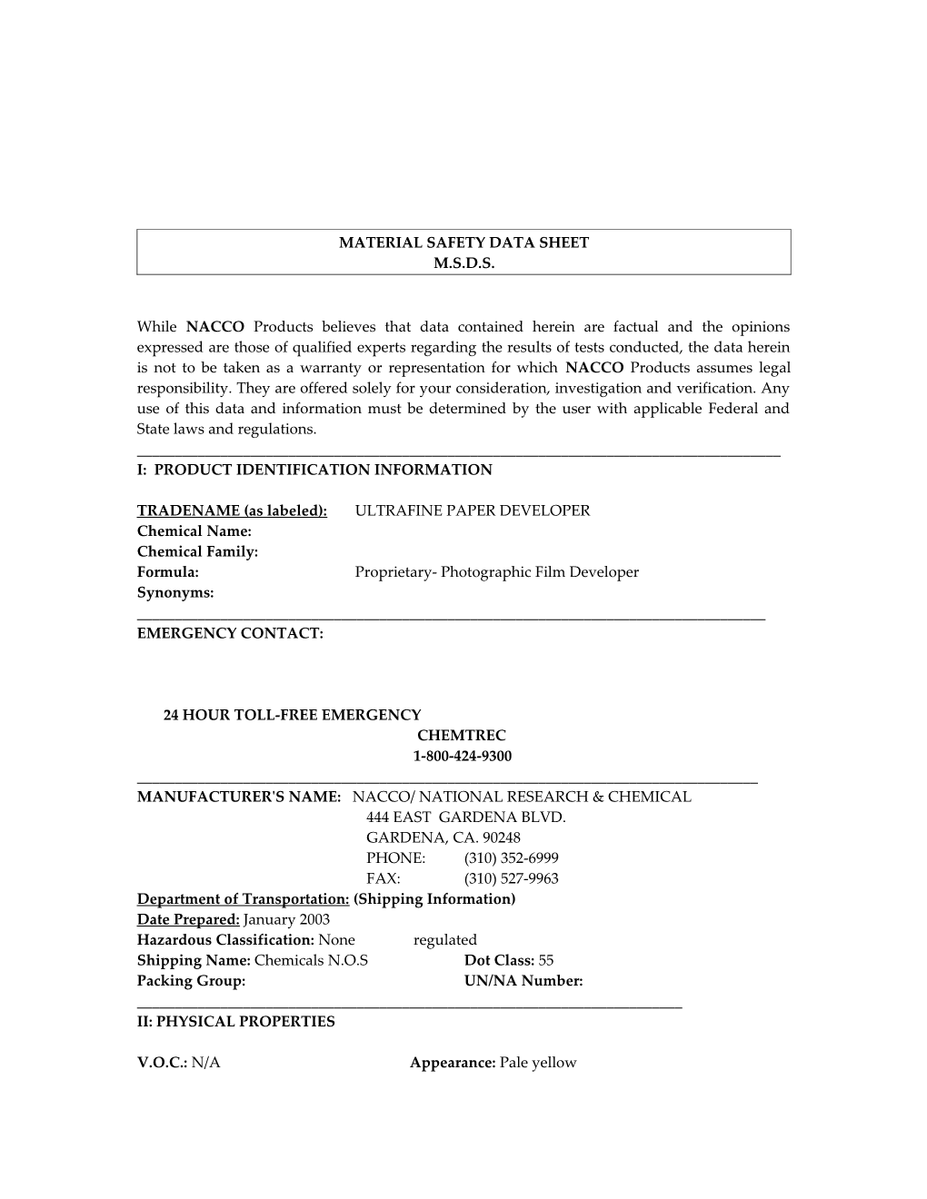 Material Safety Data Sheet: ULTRAFINE PAPER DEV