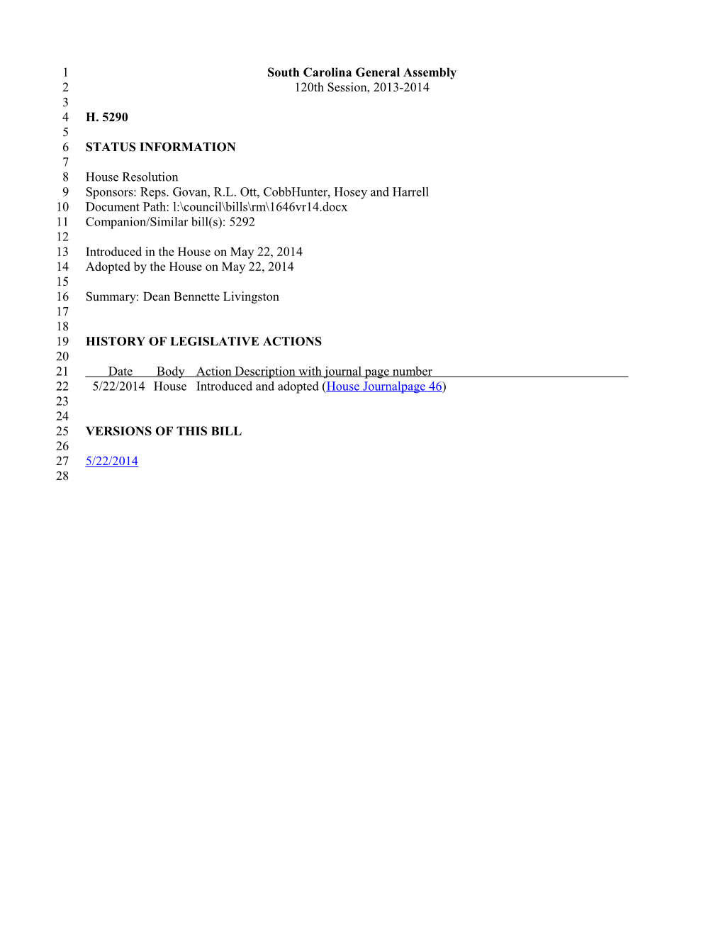 2013-2014 Bill 5290: Dean Bennette Livingston - South Carolina Legislature Online