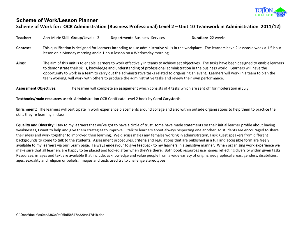 Scheme of Work/Lesson Planner (16-19)