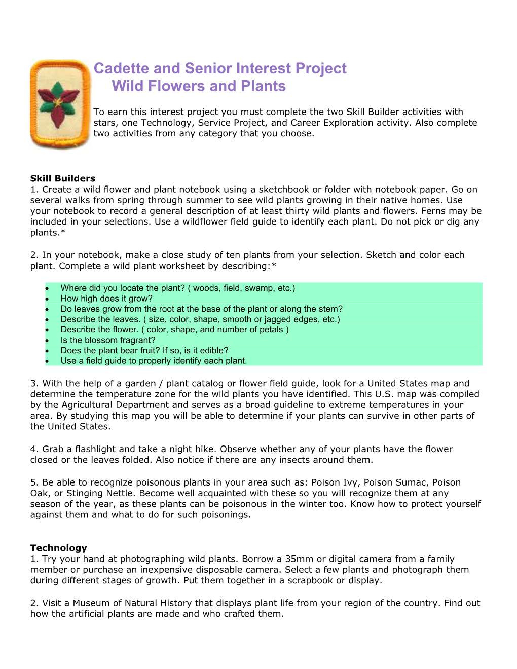 Cadette and Senior Interest Projectwild Flowers and Plants